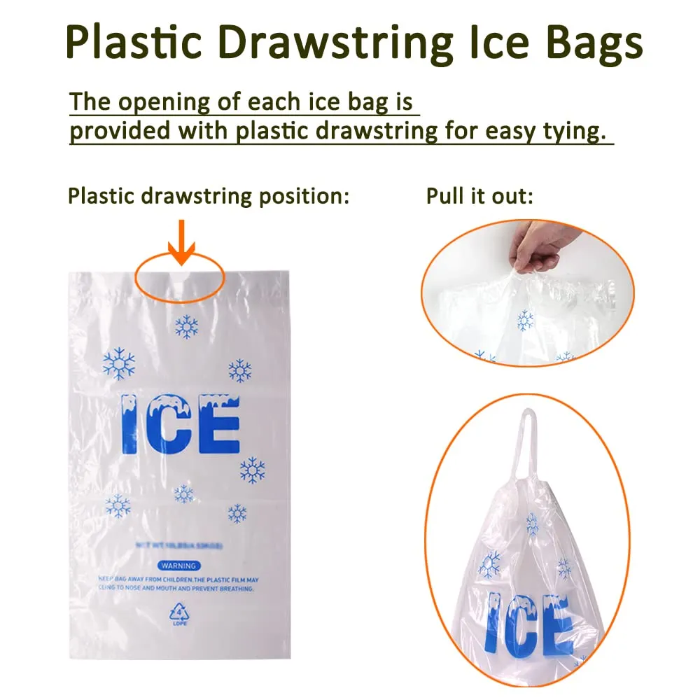 200 PACK 10 lb. Drawstring Ice Bags 12 x 21 Inch Heavy-Duty Plastic Ice Bags with Draw String (2mil Thickness)