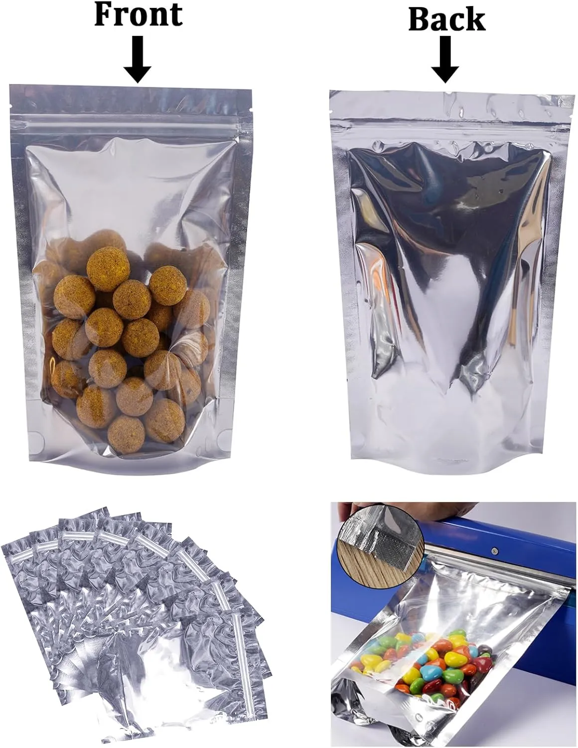200 Pack Mylar Bags for Food Storage Resealable Aluminum Foil Clear Stand Up Pouch with Front Window 5.91×8.66 Inch Reusable Zipper Lock Food Packaging Heat Seal Bags for Small Business and Home