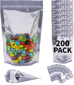 200 Pack Mylar Bags for Food Storage Resealable Aluminum Foil Clear Stand Up Pouch with Front Window 5.91×8.66 Inch Reusable Zipper Lock Food Packaging Heat Seal Bags for Small Business and Home