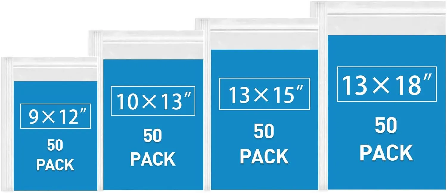 200 PCS Plastic Bags - Reclosable Baggies 4 Sizes (9x12 10x13 13x15 13x18 Inch), Extra Thick Plastic Zipper Bags for Food Storage, Crafts, Jewelry & Small Parts Organization