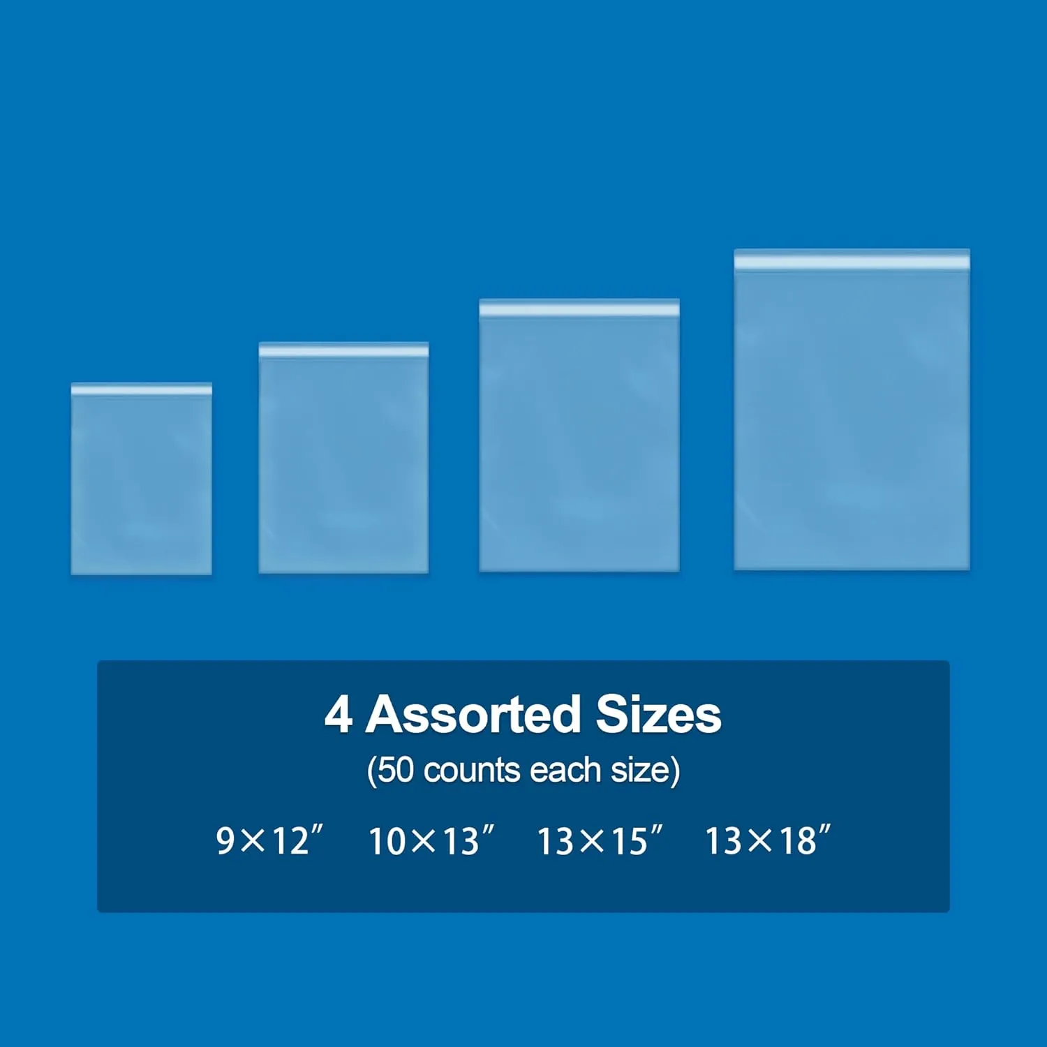 200 PCS Plastic Bags - Reclosable Baggies 4 Sizes (9x12 10x13 13x15 13x18 Inch), Extra Thick Plastic Zipper Bags for Food Storage, Crafts, Jewelry & Small Parts Organization