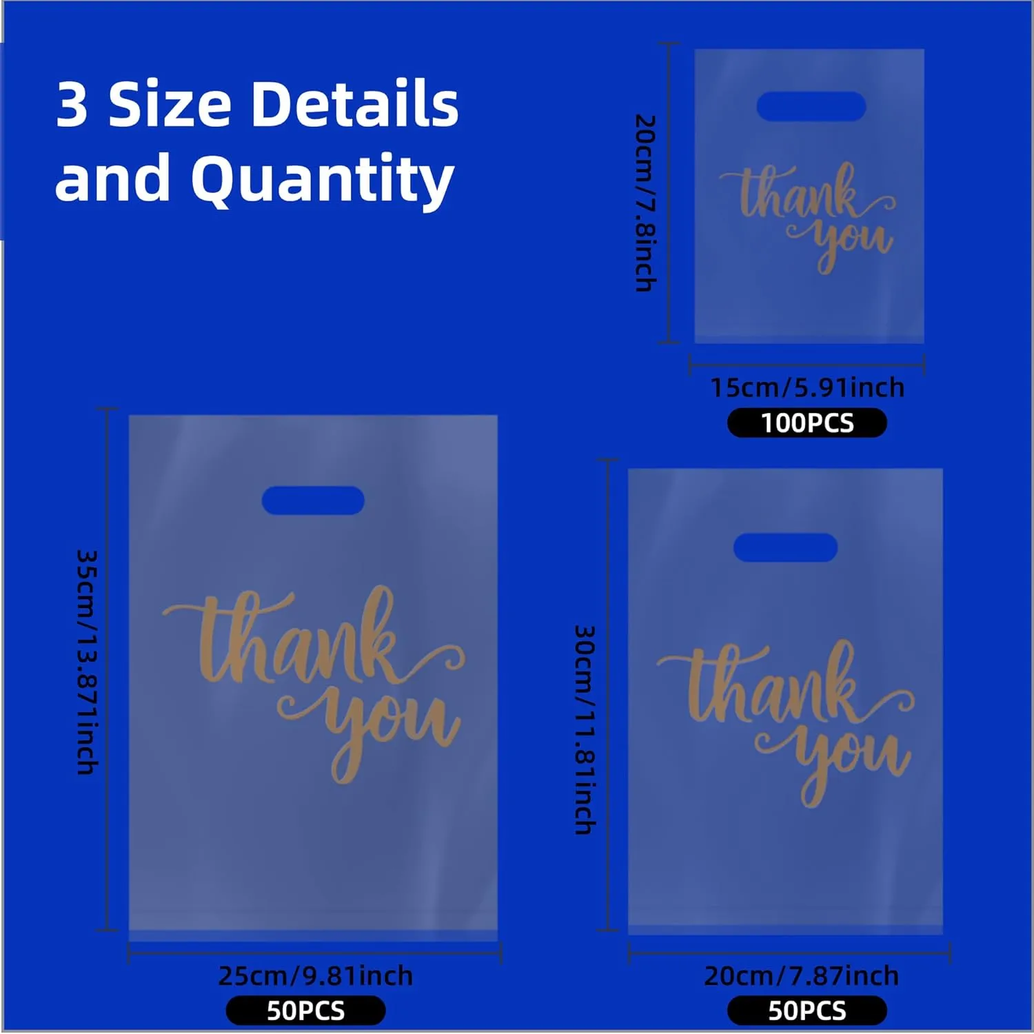 200Pcs Clear Thank You Shopping Bags for Small Business with Handles, 3 Size Iclude 13.8x9.8 In, 11.8x7.9 In, 7.9x5.9 In, Retail shopping bags for Craft Shows, Clothes, Party Favors (Clear)