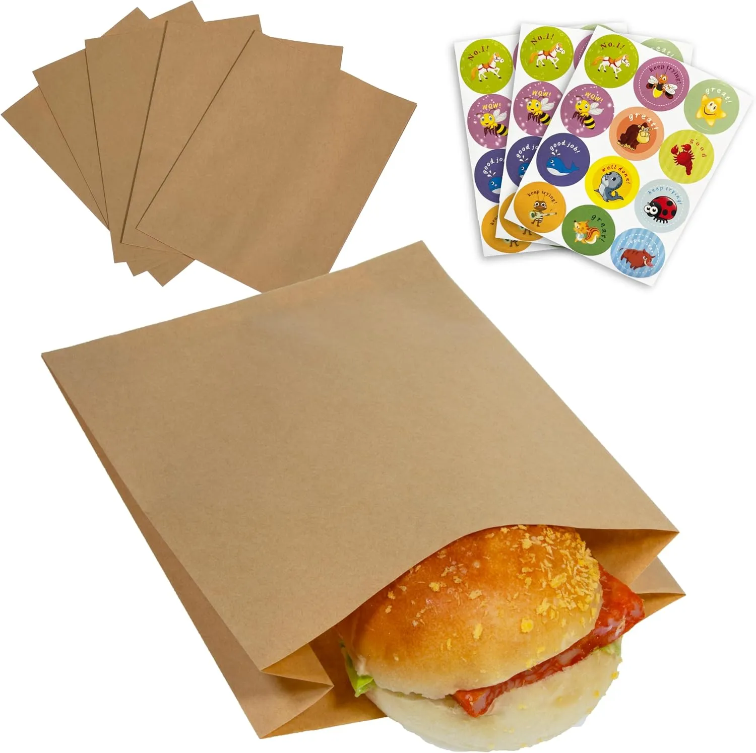 200pcs Grease Resistant Brown Paper Sandwich Bags with Stickers, 5.5x7.5x2 inches, Serve As Small Bakery, Snacks, Treats and Lunch Take Out Bags.
