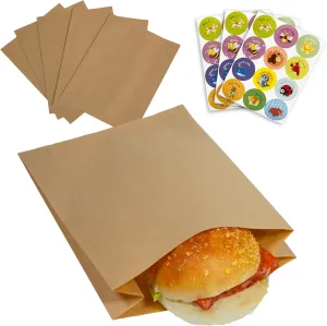 200pcs Grease Resistant Brown Paper Sandwich Bags with Stickers, 5.5x7.5x2 inches, Serve As Small Bakery, Snacks, Treats and Lunch Take Out Bags.