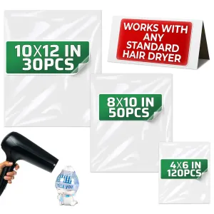 200Pcs Heat Shrink Wrap Bags – 3 Sizes 4x6" (120) 8x10" (50) 10x12" (30) Clear PVC Plastic – Compatible with Any Heat Gun or Hair Dryer at Medium Temperature – Great for Wrapping DIY Crafts and Gifts