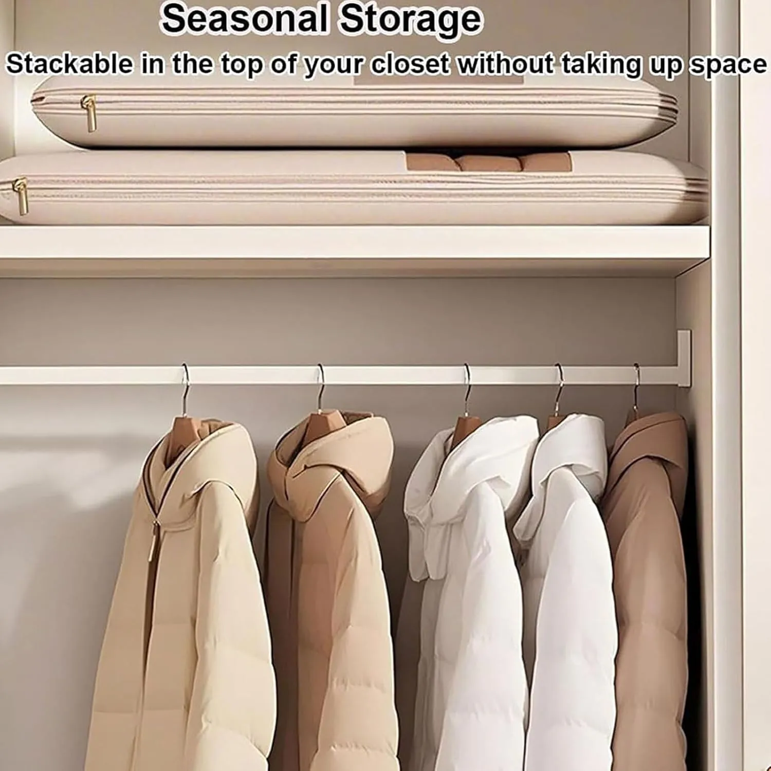 2025 New Space Saving Hanging Garment Bag with Self Compression Zipper, Space Saver Closet Organizer Protector, Dust & Moisture Proof Storage Cover Bags for Down Coat, Sweater (Beige,3 Mix)
