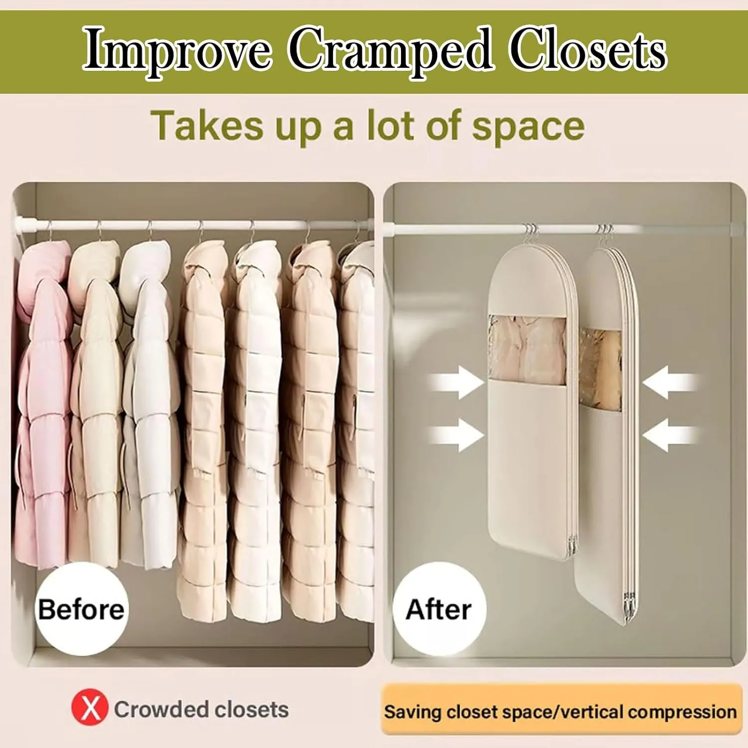 2025 New Space Saving Hanging Garment Bag with Self Compression Zipper, Space Saver Closet Organizer Protector, Dust & Moisture Proof Storage Cover Bags for Down Coat, Sweater (Beige,3 Mix)