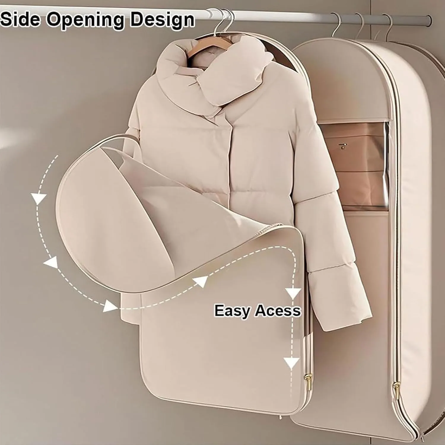 2025 New Space Saving Hanging Garment Bag with Self Compression Zipper, Space Saver Closet Organizer Protector, Dust & Moisture Proof Storage Cover Bags for Down Coat, Sweater (Beige,3 Mix)