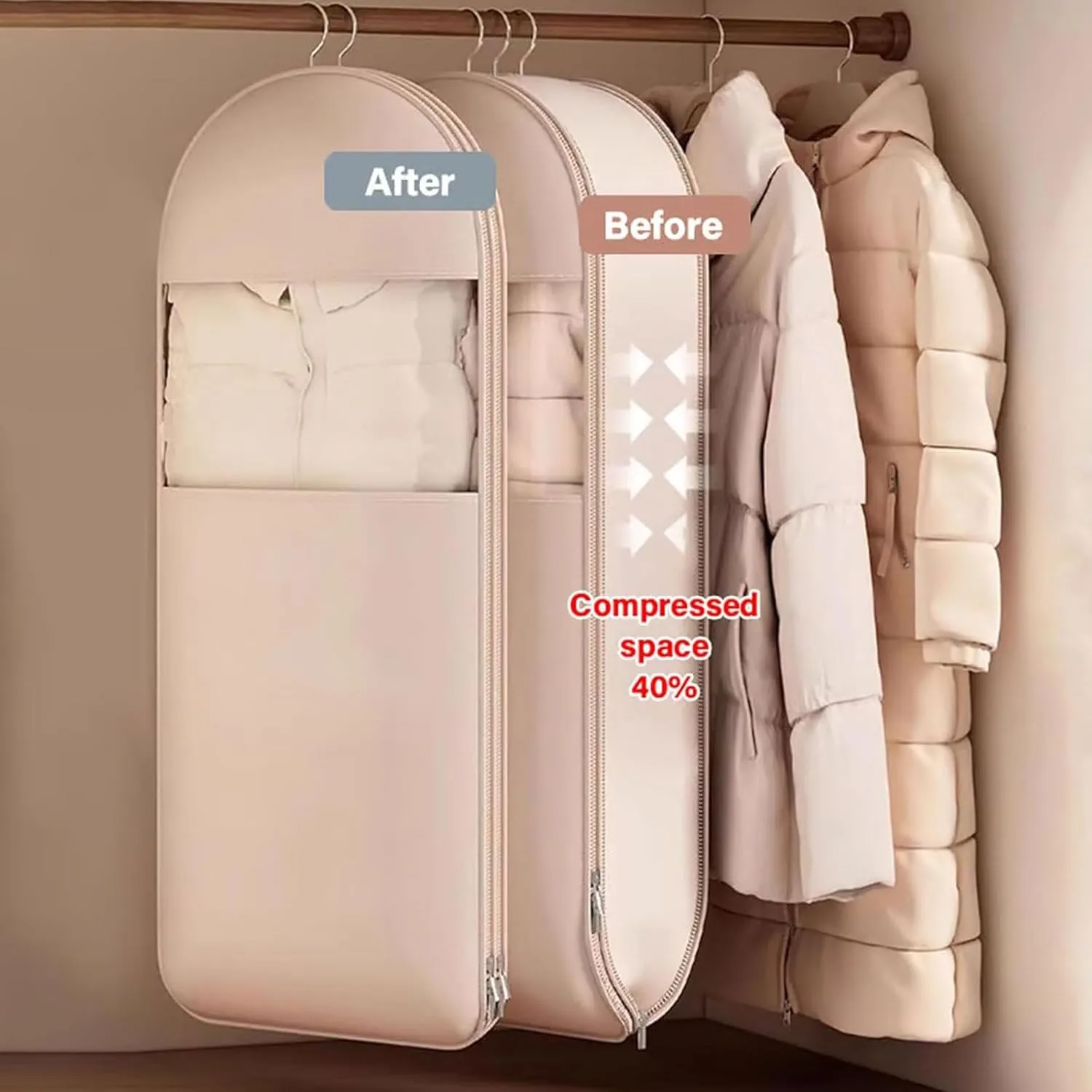 2025 New Space Saving Hanging Garment Bag with Self Compression Zipper, Space Saver Closet Organizer Protector, Dust & Moisture Proof Storage Cover Bags for Down Coat, Sweater (Beige,3 Mix)