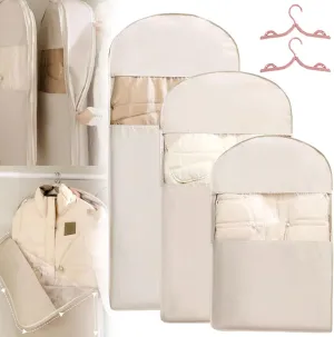 2025 New Space Saving Hanging Garment Bag with Self Compression Zipper, Space Saver Closet Organizer Protector, Dust & Moisture Proof Storage Cover Bags for Down Coat, Sweater (Beige,3 Mix)