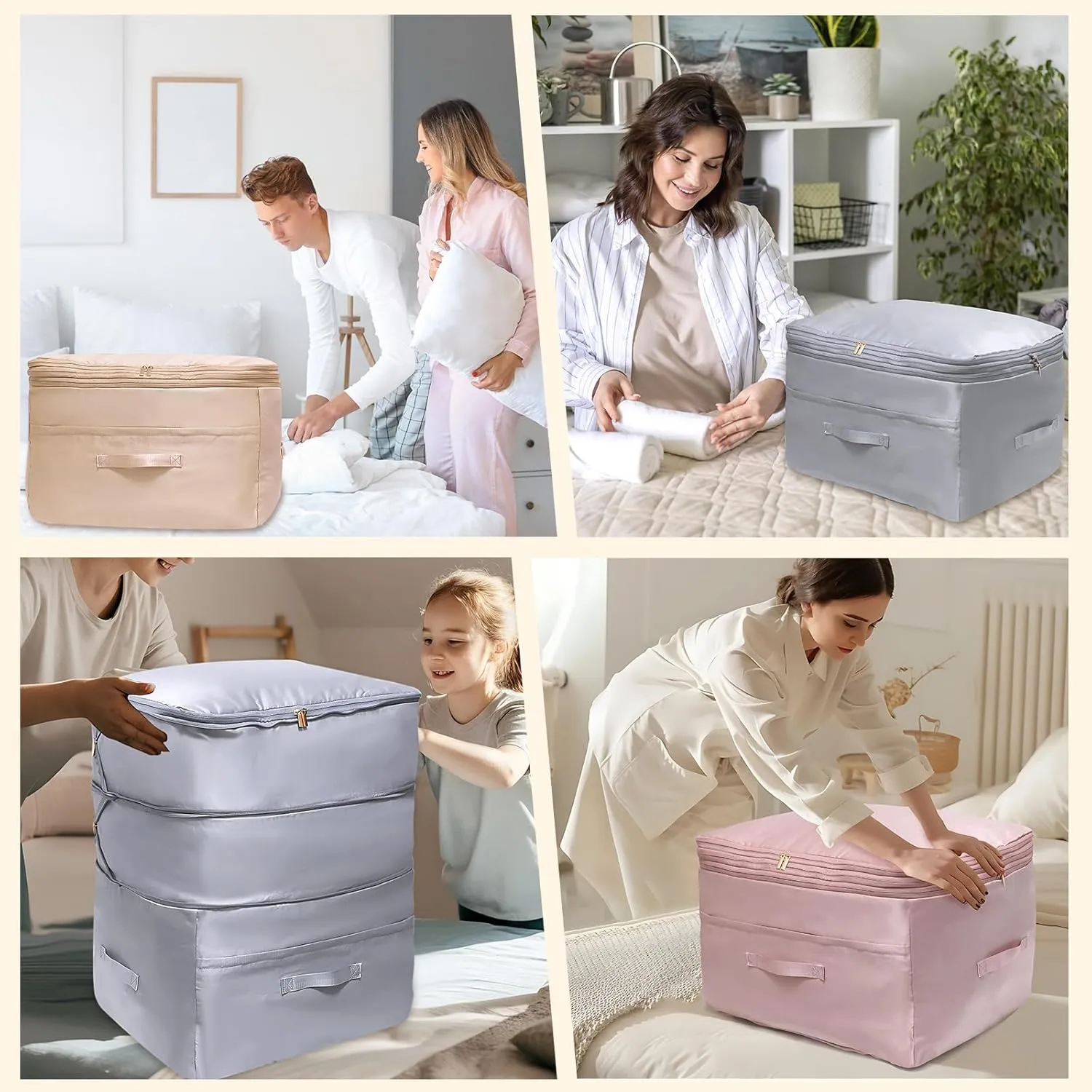 2025 Ultra Space Saving Self Compression Organizers, Double Zipper Compression Packing Cubes for Bedding, Comforter Storage Bag for Blankets Duvet Quilts Pillows Queen King (Beige, X-Large)