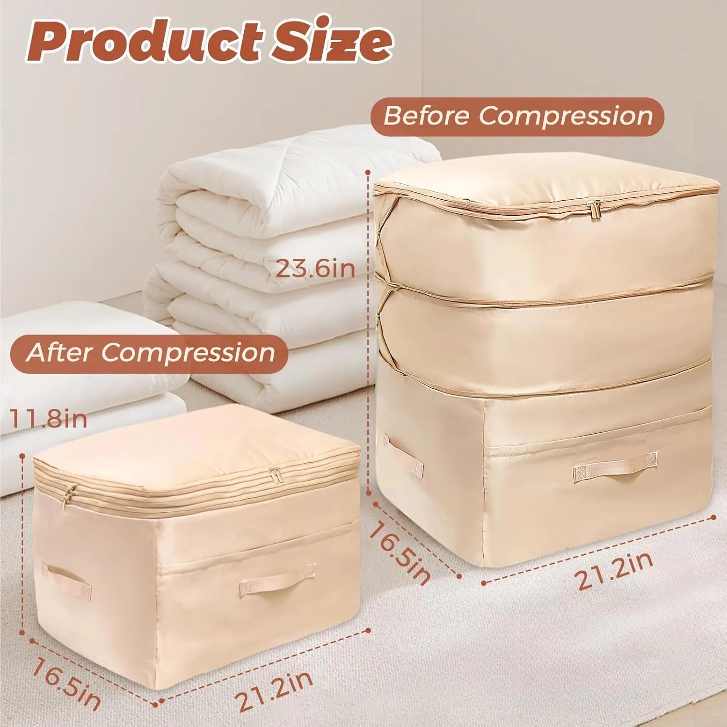 2025 Ultra Space Saving Self Compression Organizers, Double Zipper Compression Packing Cubes for Bedding, Comforter Storage Bag for Blankets Duvet Quilts Pillows Queen King (Beige, X-Large)