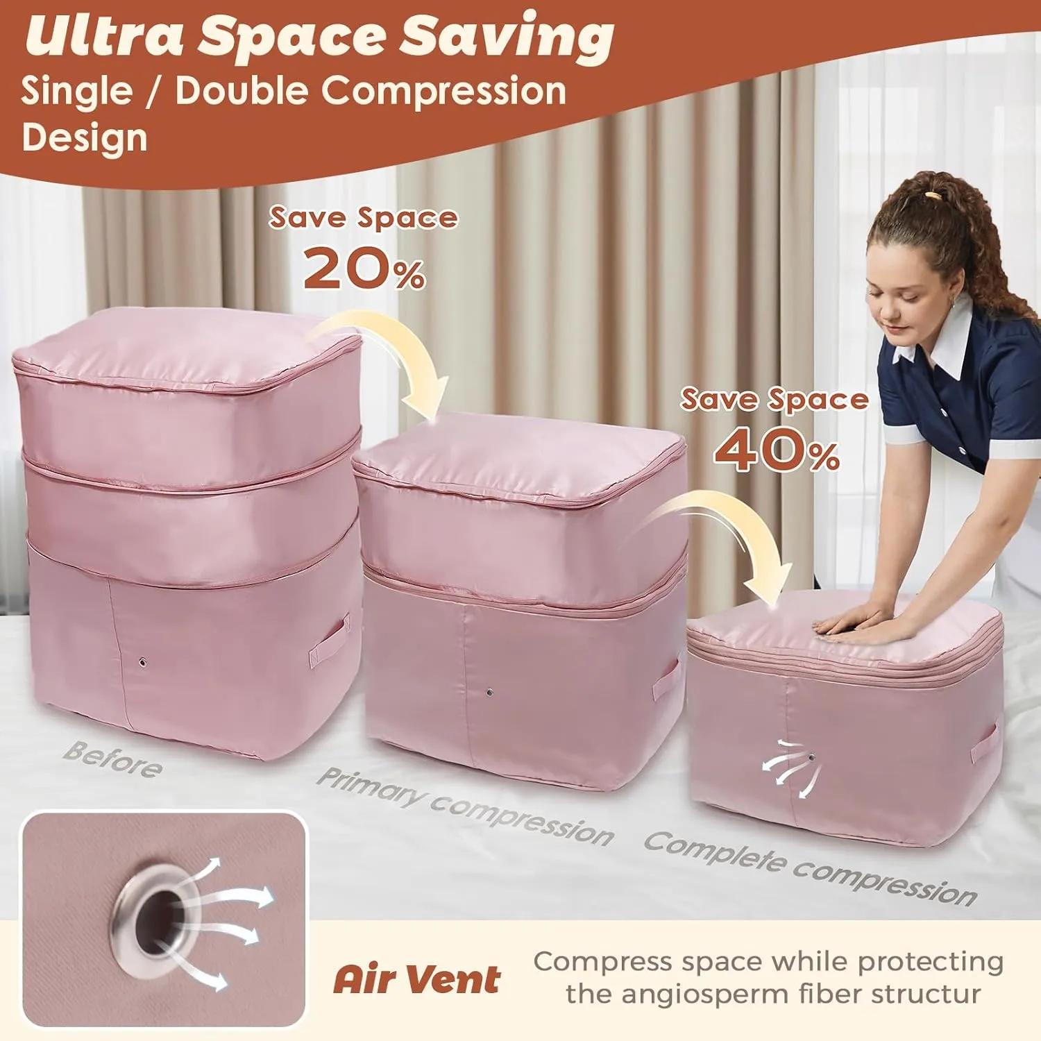 2025 Ultra Space Saving Self Compression Organizers, Double Zipper Compression Packing Cubes for Bedding, Comforter Storage Bag for Blankets Duvet Quilts Pillows Queen King (Beige, X-Large)