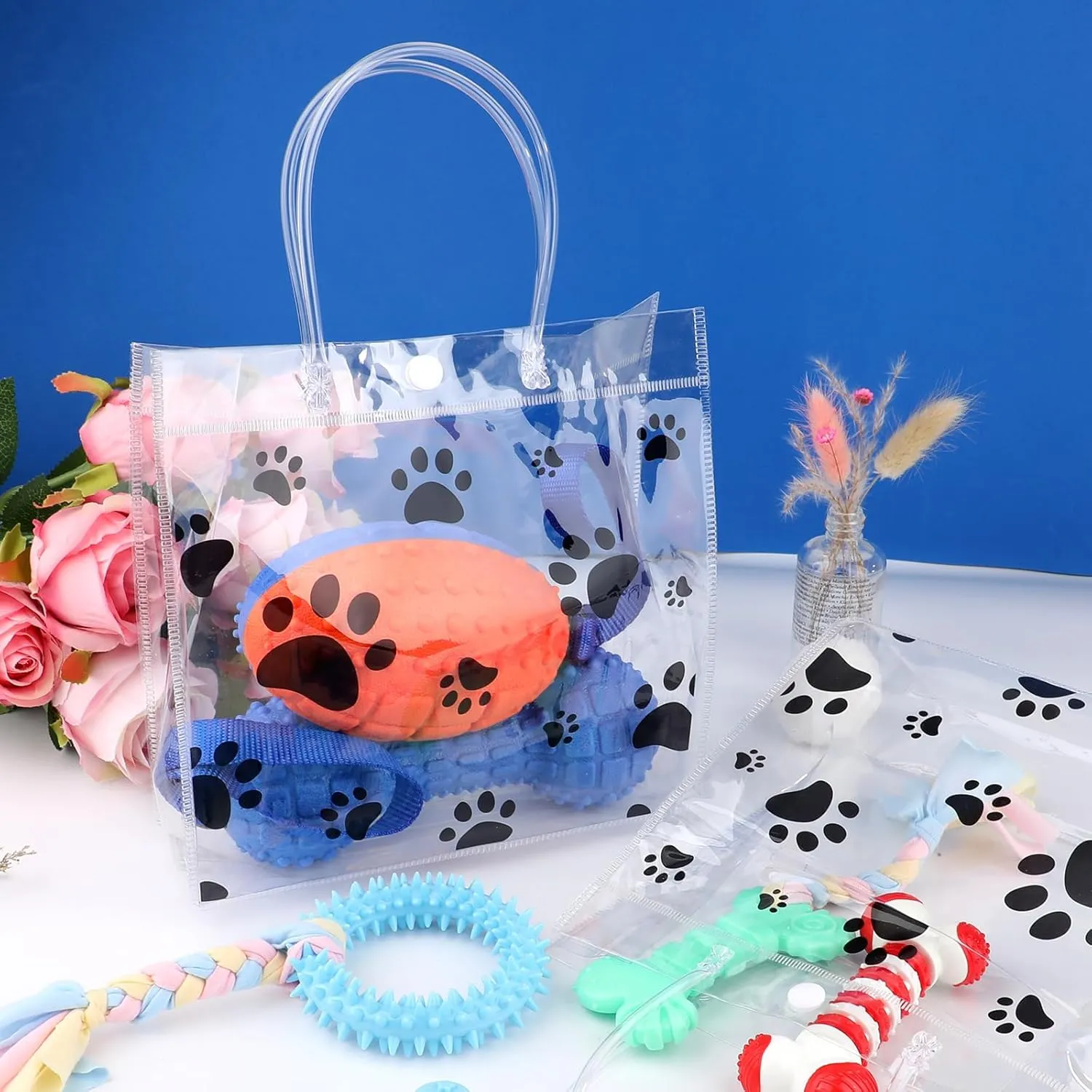 20Pcs Dog Paw Clear PVC Gift Bags with Handle 8x8x3.2In,Plastic Transparent Goodie Bags,Reusable Plastic Wrap Tote Bag for Gifts Wedding Party Favors Baby Shower Shopping Retail Merchandise(Black)