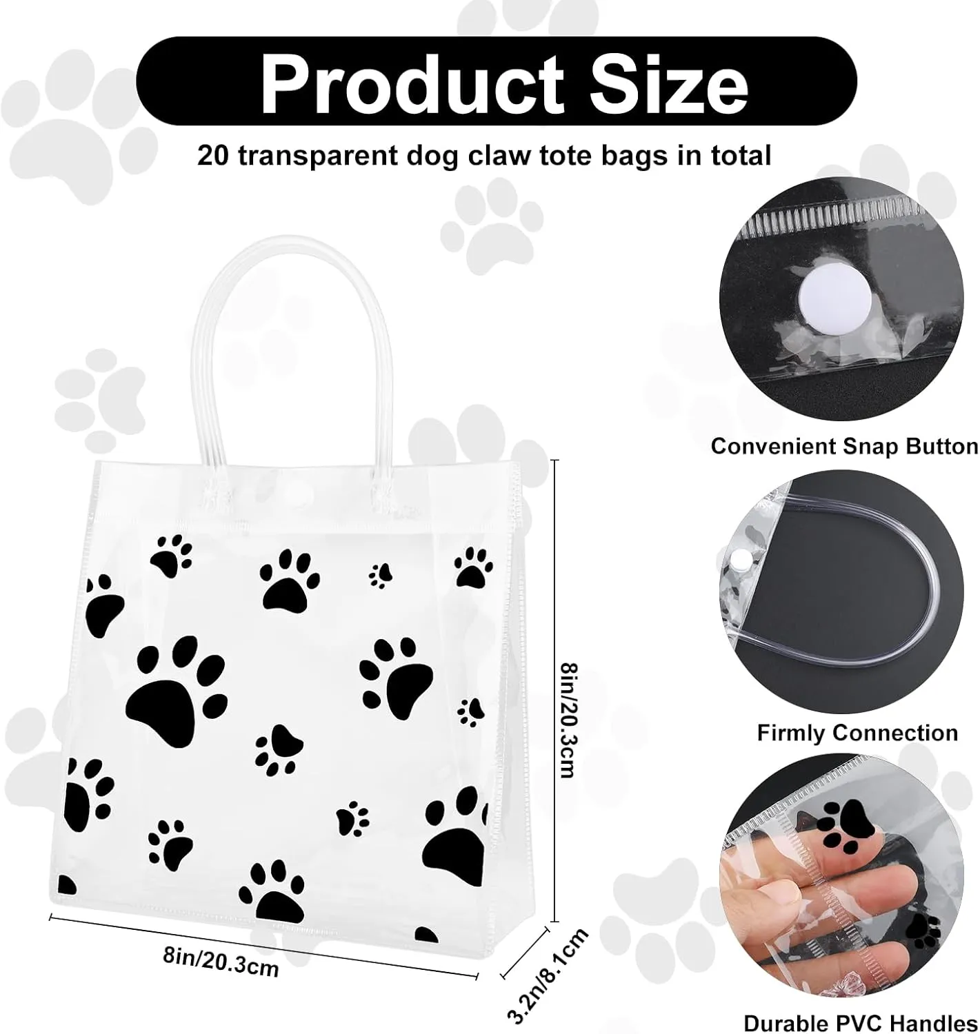 20Pcs Dog Paw Clear PVC Gift Bags with Handle 8x8x3.2In,Plastic Transparent Goodie Bags,Reusable Plastic Wrap Tote Bag for Gifts Wedding Party Favors Baby Shower Shopping Retail Merchandise(Black)