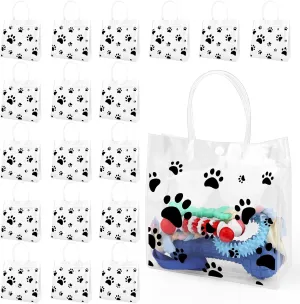 20Pcs Dog Paw Clear PVC Gift Bags with Handle 8x8x3.2In,Plastic Transparent Goodie Bags,Reusable Plastic Wrap Tote Bag for Gifts Wedding Party Favors Baby Shower Shopping Retail Merchandise(Black)