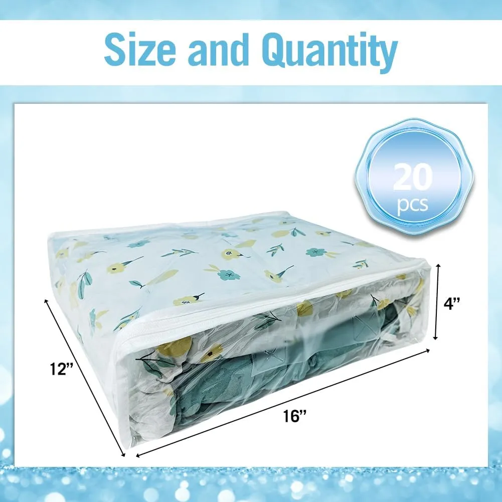 20Pcs Large Clear Vinyl Zippered Storage Bags with Handle - 16 * 12 * 4Inch Blankets Clothes Bed Sheet Storage Bags with Zipper for Closet Sweater Small Quilt Pillow