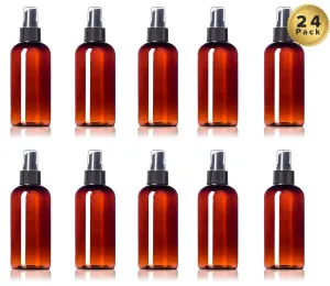 24 Empty Plastic Mist Spray 4 oz Bottles - Reusable PET Boston Round Squeeze Containers with Misters for Home & Beauty Products ● BPA-Free ● 24 Pc Value Pack (4 oz, Amber Brown)