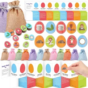 24 Set Resurrection Easter Story Eggs Tokens with Religious Story Cards Drawstring Bag Easter Games Christian Basket Stuffers Egg Fillers Gifts for Resurrection Party Favors Sunday Church