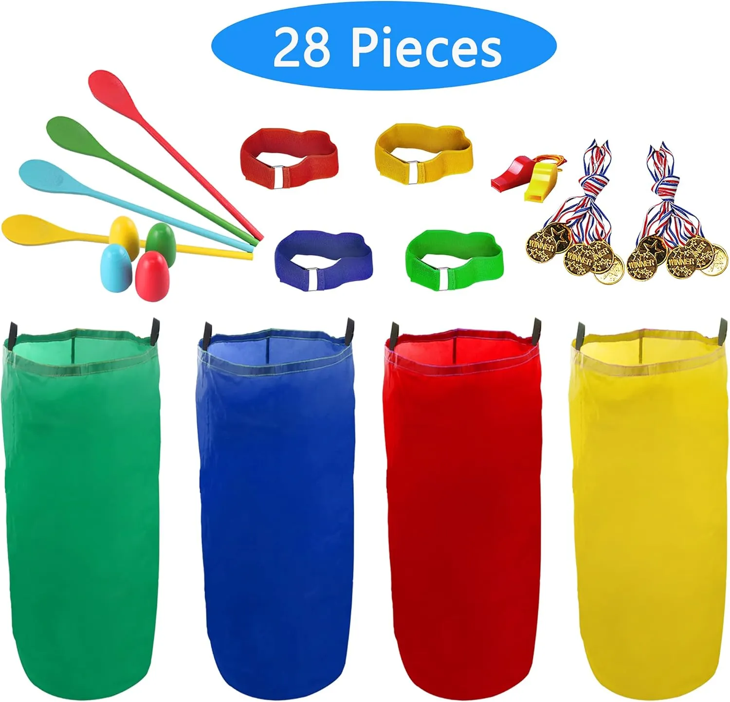 28PCS Potato Sack Race Bags, Egg and Spoon Race, Carnival Games 3-Legged Relay Race Bands, Outdoor Games for Kids and Adults (with Game Prizes & Whistles), Outside Yard Lawn Birthday Party Games
