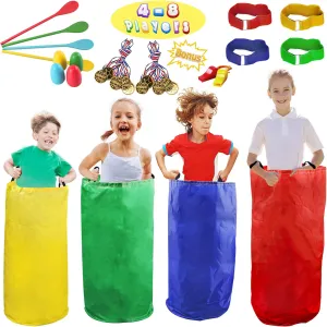28PCS Potato Sack Race Bags, Egg and Spoon Race, Carnival Games 3-Legged Relay Race Bands, Outdoor Games for Kids and Adults (with Game Prizes & Whistles), Outside Yard Lawn Birthday Party Games