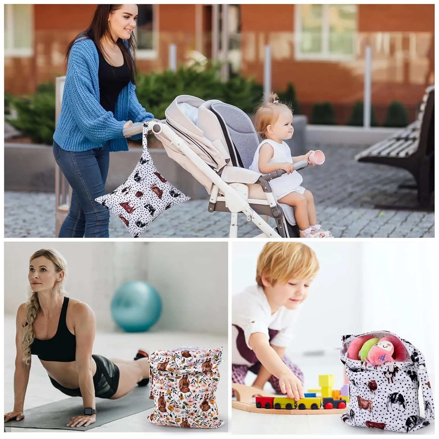 2pcs Cloth Diaper Wet Dry Bags Waterproof Reusable with Two Zippered Pockets Travel Beach Pool Stroller Daycare Soiled Baby Items Yoga Gym Bag for Swimsuits or Wet Clothes - Highland Cow