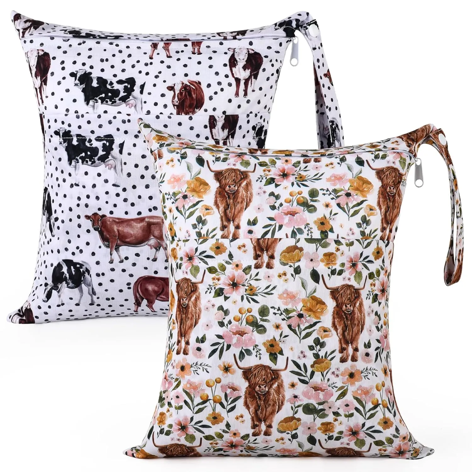 2pcs Cloth Diaper Wet Dry Bags Waterproof Reusable with Two Zippered Pockets Travel Beach Pool Stroller Daycare Soiled Baby Items Yoga Gym Bag for Swimsuits or Wet Clothes - Highland Cow