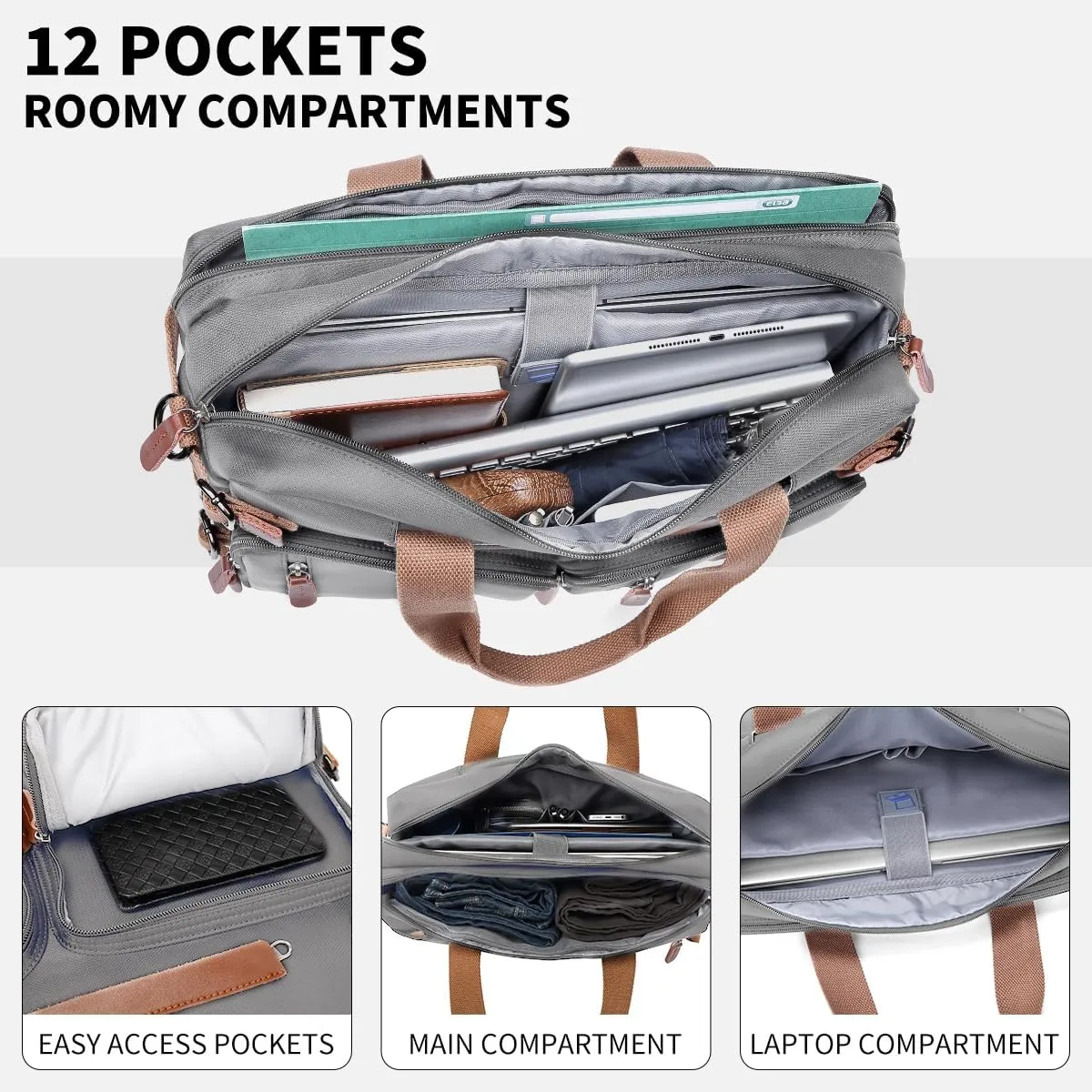 3 in 1 Computer Backpack for Men - 17.3 Inch Laptop Work Bag, Briefcase - Grey