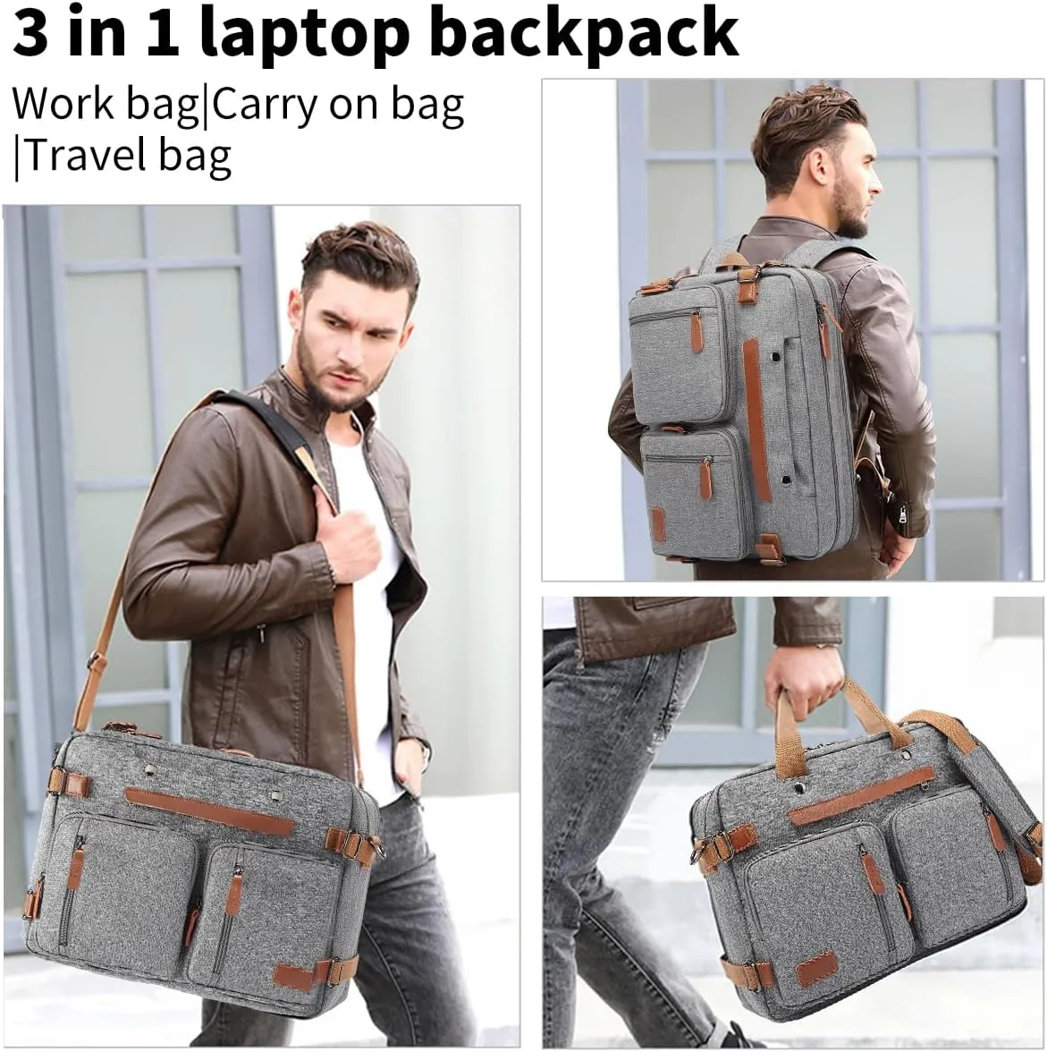 3 in 1 Computer Backpack for Men - 17.3 Inch Laptop Work Bag, Briefcase - Grey