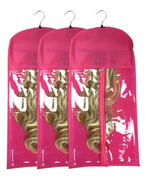 3 Pcs Hair Wig Extension Storage Bag, Hair Extensions Holder with Hanger, 11.4 * 23.6 inches, Portable Wig Bags Storage with Transparent Zipper Closure (Rose)