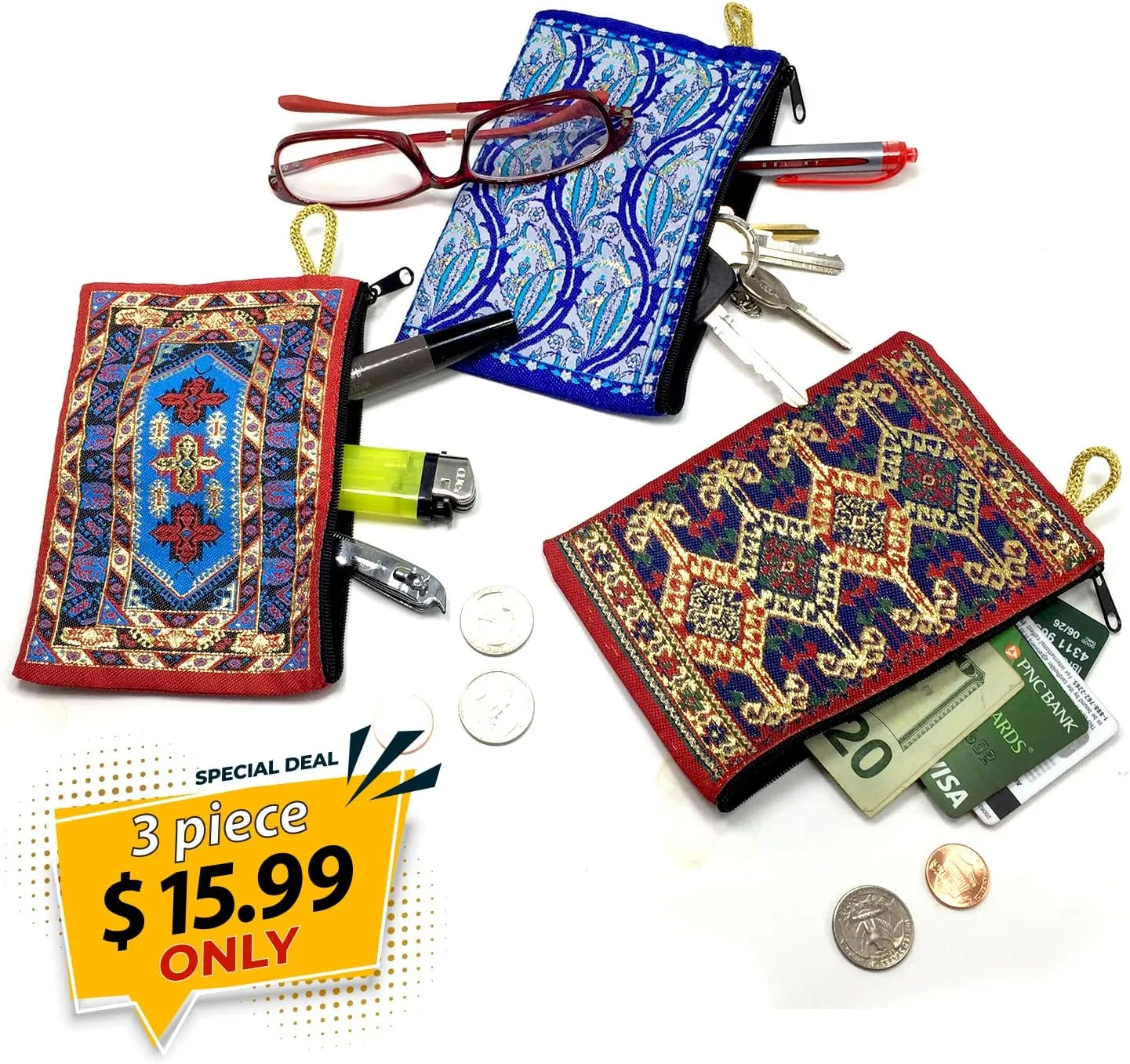 3 Pieces Authentic Patterned Versatile Purse Woven Zipper Pouch Keyring Pouch Coin Wallet Hip Purse Women Makeup Wallet (set2)