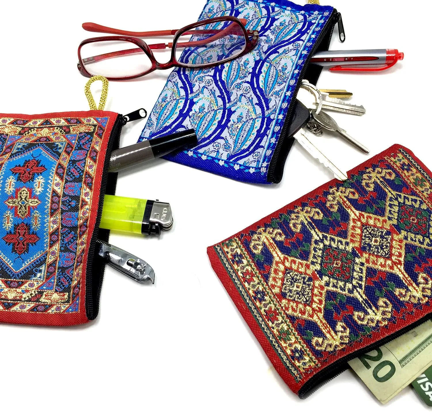 3 Pieces Authentic Patterned Versatile Purse Woven Zipper Pouch Keyring Pouch Coin Wallet Hip Purse Women Makeup Wallet (set2)