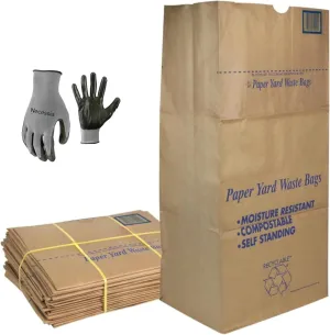30 Gallon Lawn & Leaf 2-Ply Heavy-Duty Yard Waste Compost Refuse Paper Bags with Necessia Garden Gloves, Eco-Friendly, Tear Resistant, Self Standing, Biodegredable, Made in USA, 25 Count