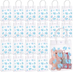 30 Pcs Baby Shower Favors for Guests Blue Foot Plastic Clear Gift Bags with Handles Blue Footprint PVC Shopping Candy Themed Goodie Bags for Gender Reveal Party Supplies(5.9 x 7.9 x 2.8 Inch)