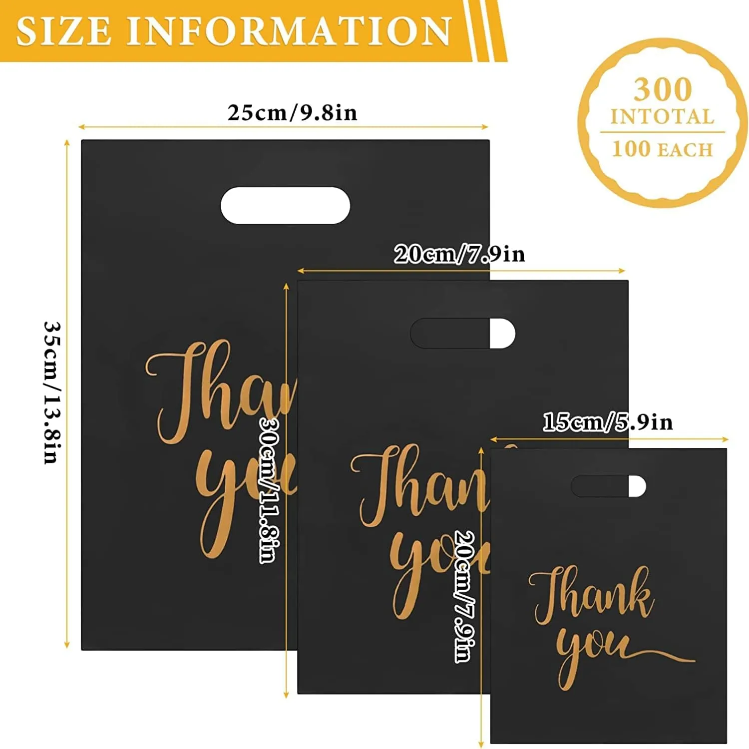 300 Pcs 3 Size Thank You Merchandise Bags - Die Cut Plastic Gift Bags with Handles for Party, Stores, Business, Retail (Black)