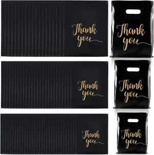 300 Pcs 3 Size Thank You Merchandise Bags - Die Cut Plastic Gift Bags with Handles for Party, Stores, Business, Retail (Black)