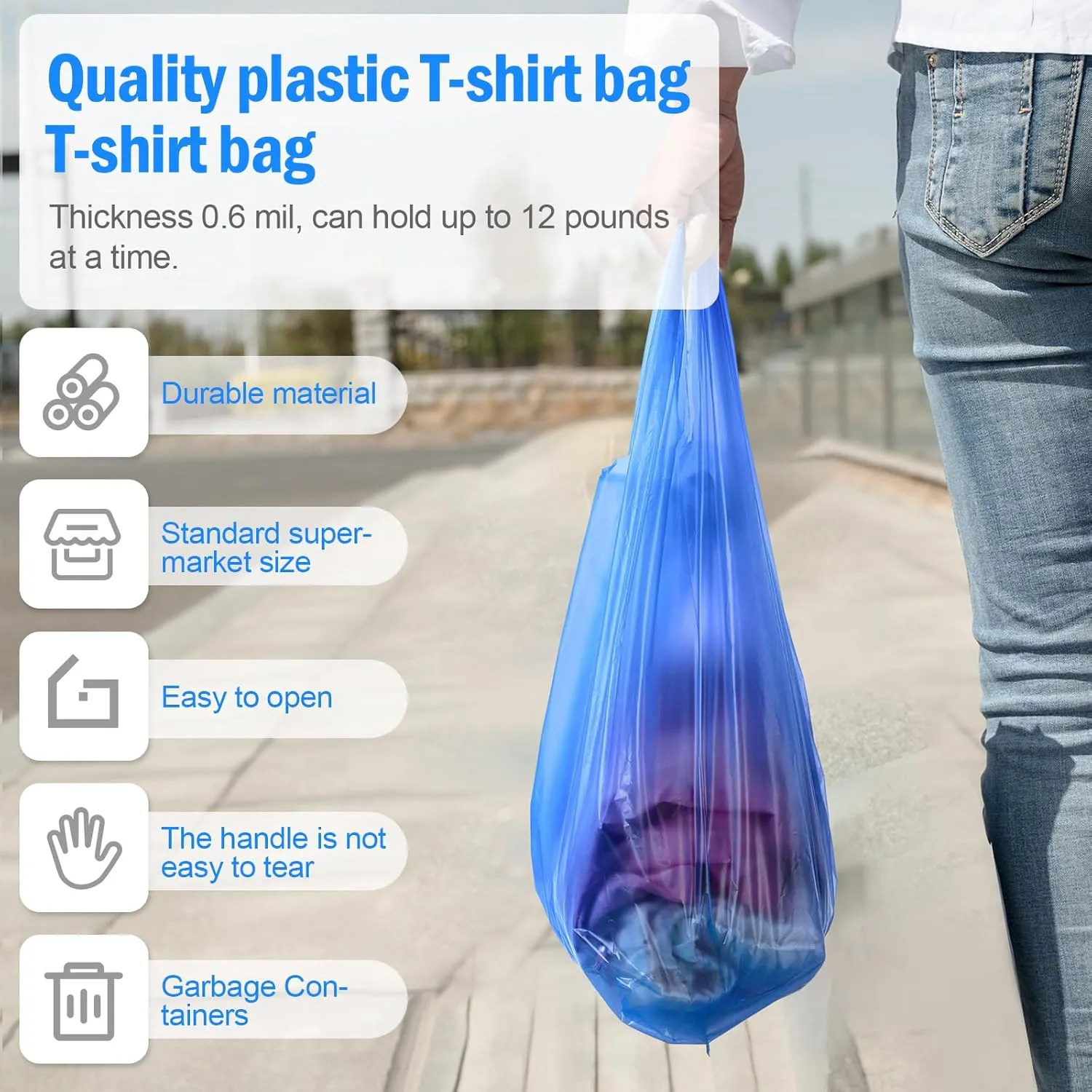 300 Pcs T Shirt Bags Bulk Plastic Bags with Handles 12 x 20 Inch Plastic Shopping Bags Plastic Grocery Bags Retail Bags for Small Business, Supermarket, Restaurant(Blue)