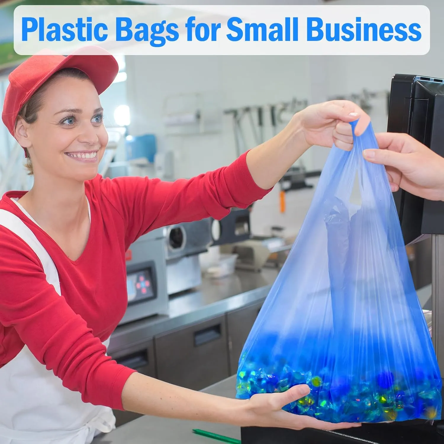 300 Pcs T Shirt Bags Bulk Plastic Bags with Handles 12 x 20 Inch Plastic Shopping Bags Plastic Grocery Bags Retail Bags for Small Business, Supermarket, Restaurant(Blue)