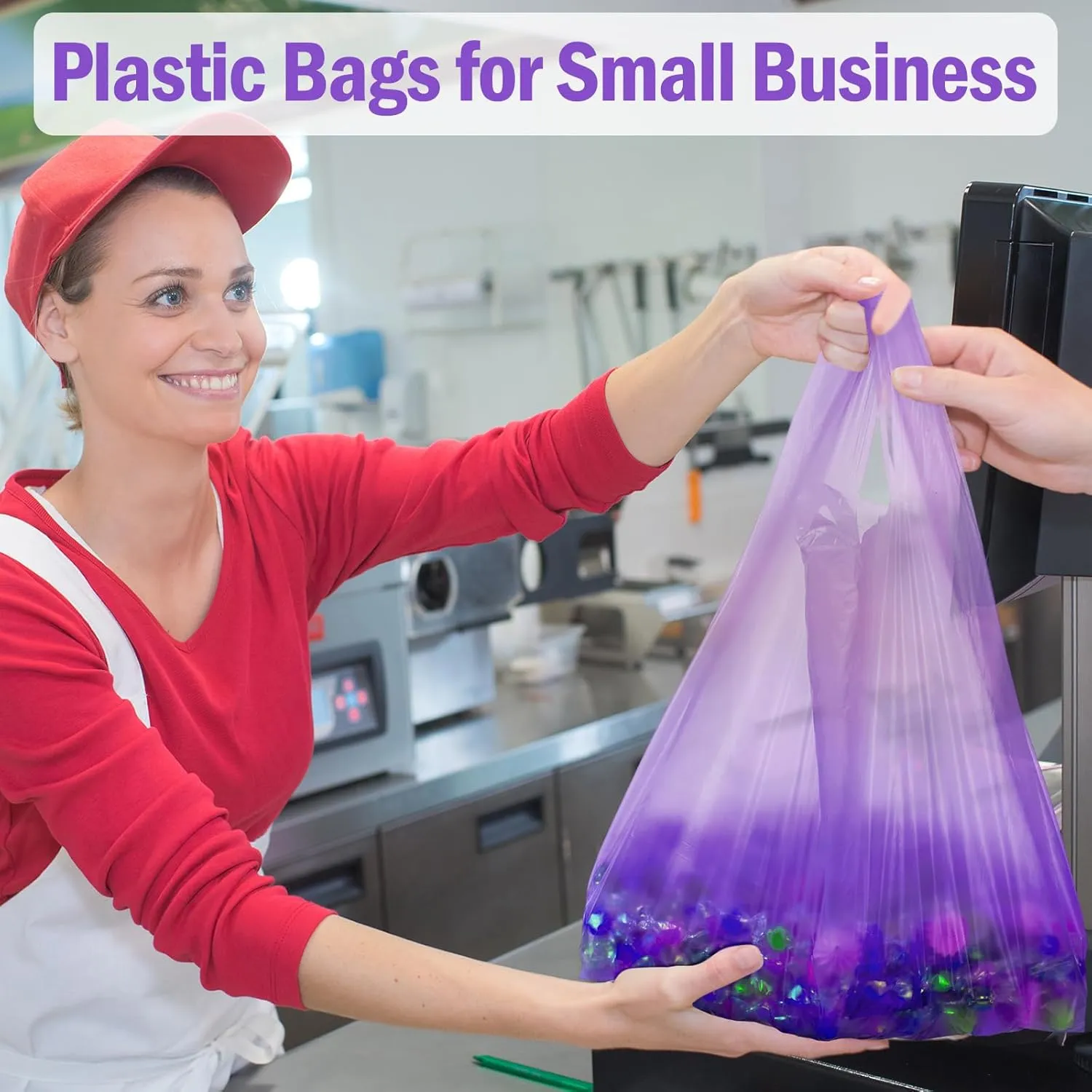 300 Pcs T Shirt Bags Bulk Plastic Shopping Grocery Retail Bags with Handles 12 x 20 Inch for Small Business, Supermarket, Restaurant