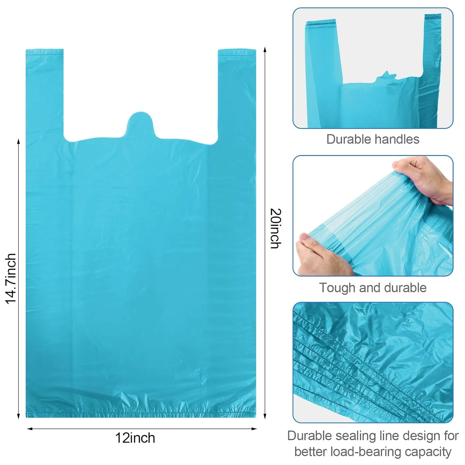 300 Pcs T Shirt Bags Bulk Plastic Shopping Grocery Retail Bags with Handles 12 x 20 Inch for Small Business, Supermarket, Restaurant(Cyan)