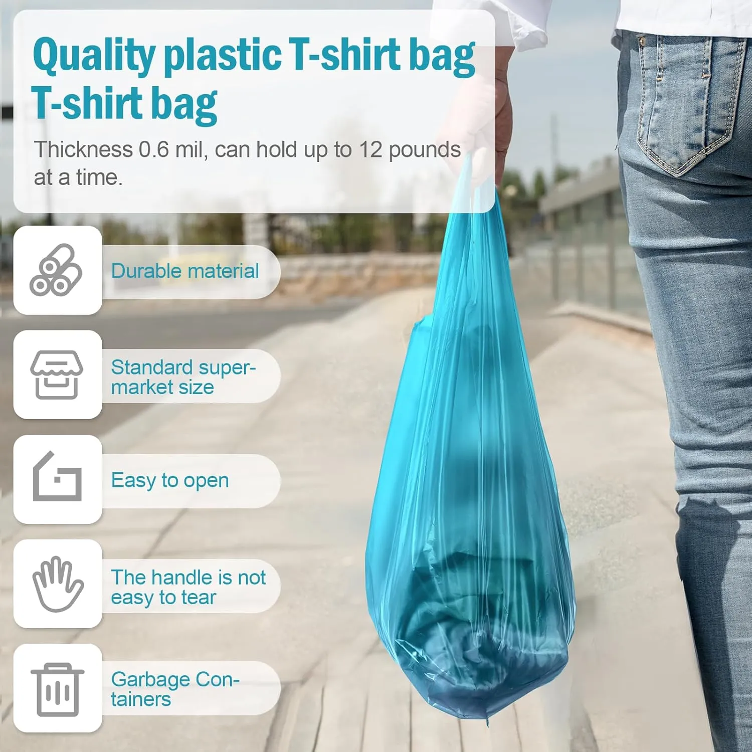 300 Pcs T Shirt Bags Bulk Plastic Shopping Grocery Retail Bags with Handles 12 x 20 Inch for Small Business, Supermarket, Restaurant(Cyan)