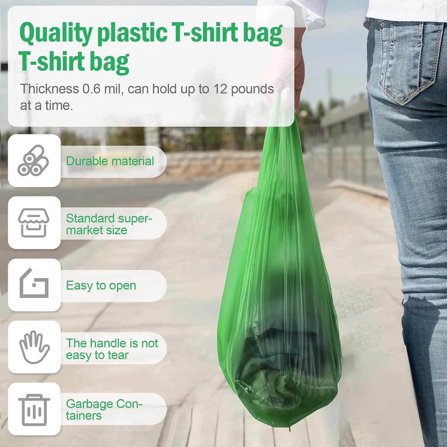 300 Pcs T Shirt Bags Bulk Plastic Shopping Grocery Retail Bags with Handles 12 x 20 Inch for Small Business, Supermarket, Restaurant(Green)