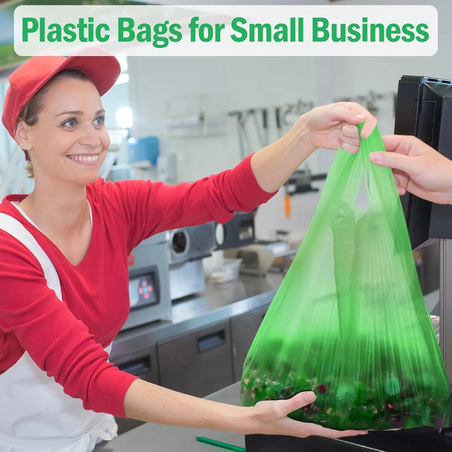 300 Pcs T Shirt Bags Bulk Plastic Shopping Grocery Retail Bags with Handles 12 x 20 Inch for Small Business, Supermarket, Restaurant(Green)