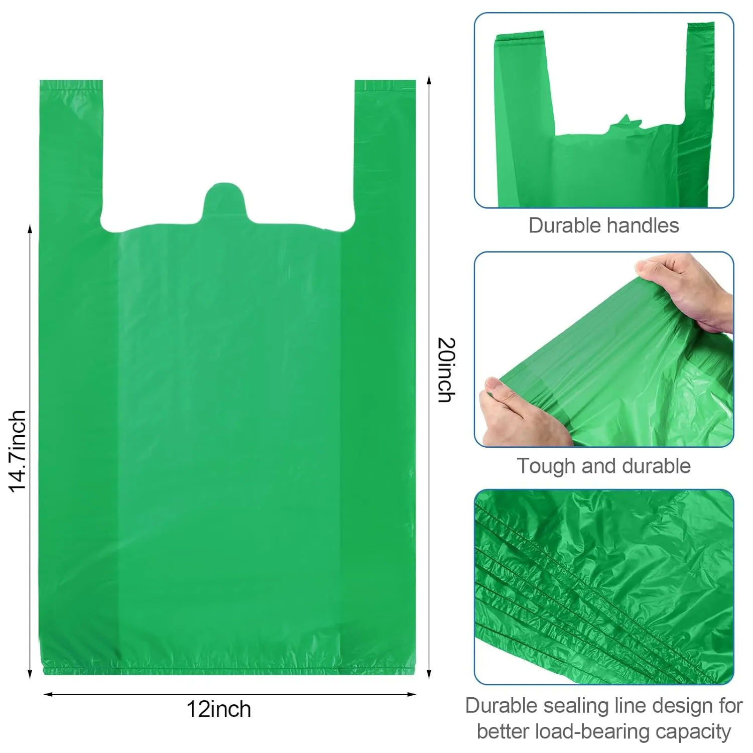 300 Pcs T Shirt Bags Bulk Plastic Shopping Grocery Retail Bags with Handles 12 x 20 Inch for Small Business, Supermarket, Restaurant(Green)