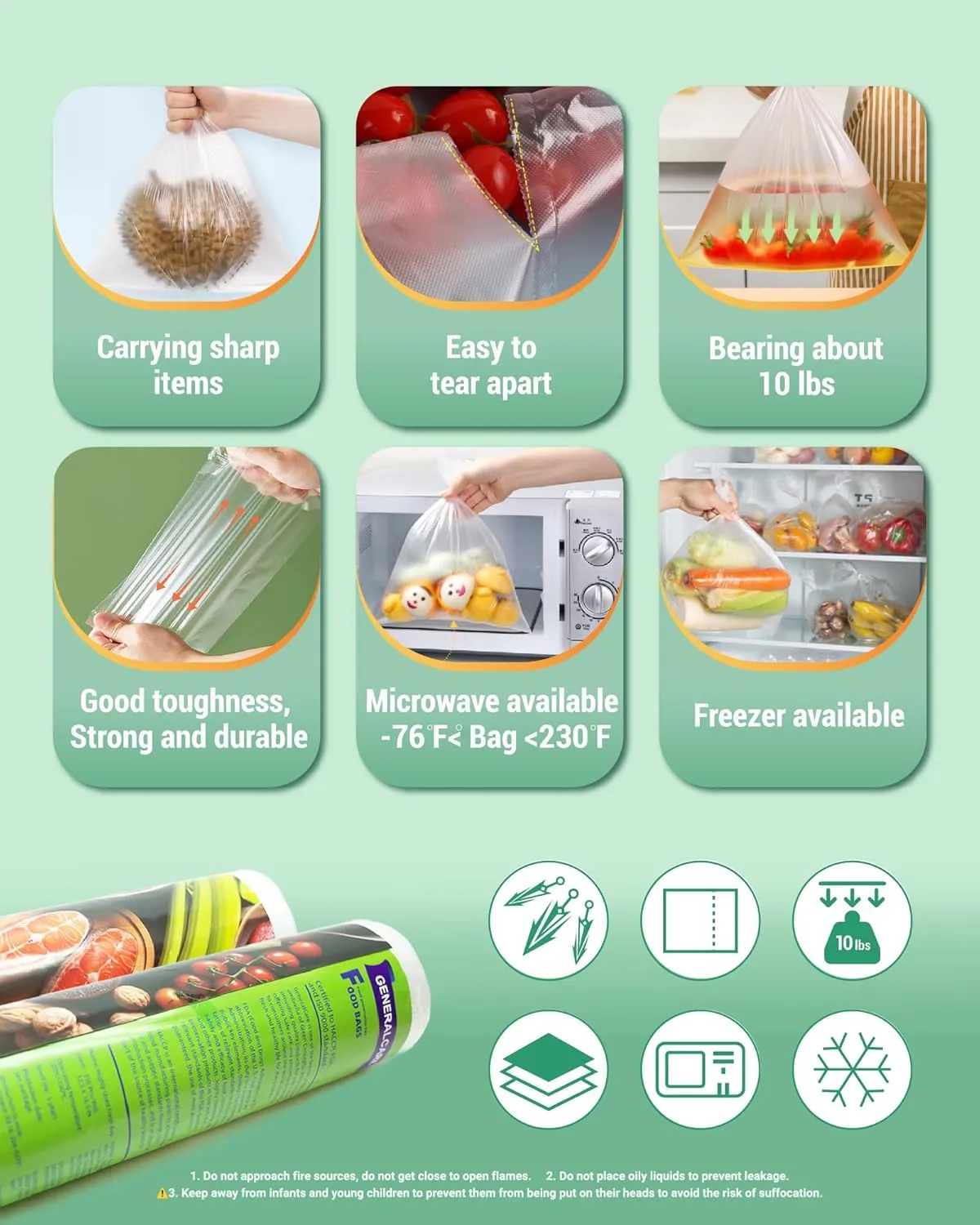 300 Pcs/Roll Crystal Clear Plastic Produce Bags, 12.5 x 16.5 IN Food Storage Roll Bags for Kitchen, Fruits, BPA Free