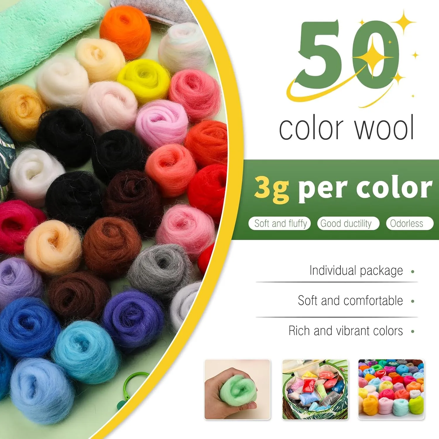 304PCS Needle Felting Kit, Wool Roving 50 Colors Set, Needle Felting Starter Kit, Needle Wool Felting Tools Kit with 2 Exquisite Storage Bags, Wool Felt Tools for Felted Animal Needle Felting Supplies