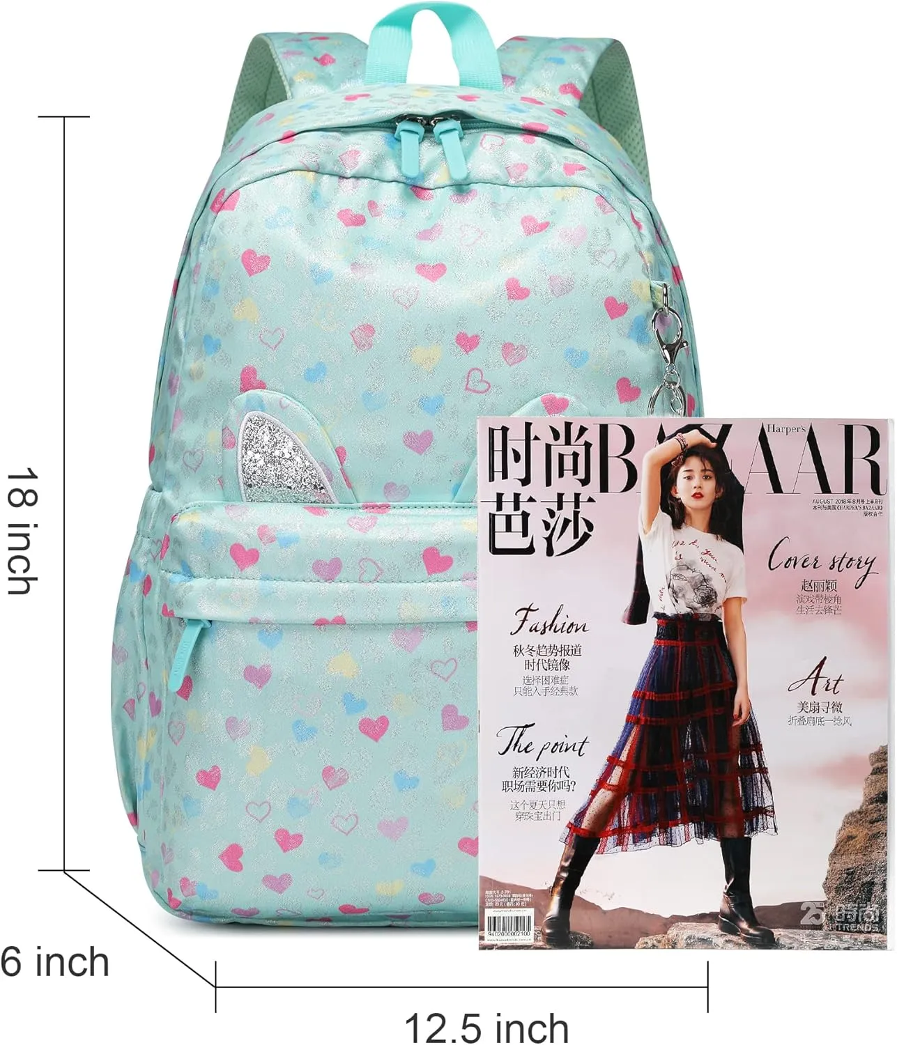 30L Pink Green Peach Heart Backpack for 6-18 Years Girls Waterproof School Bookbag with Cat Ears & Peach Heart Keychain,Large Capacity Lightweight Travel Backpack for Teens College