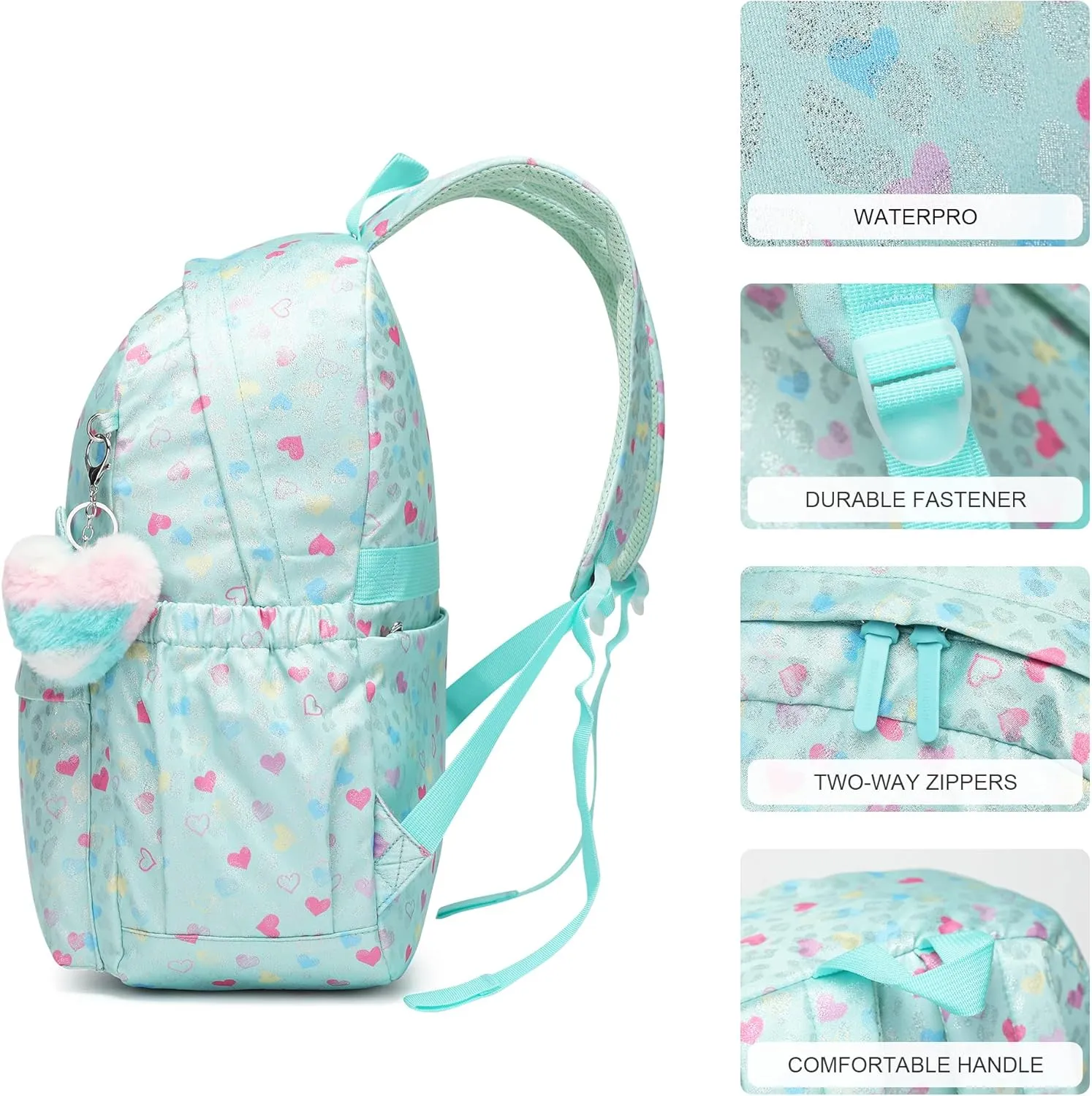 30L Pink Green Peach Heart Backpack for 6-18 Years Girls Waterproof School Bookbag with Cat Ears & Peach Heart Keychain,Large Capacity Lightweight Travel Backpack for Teens College