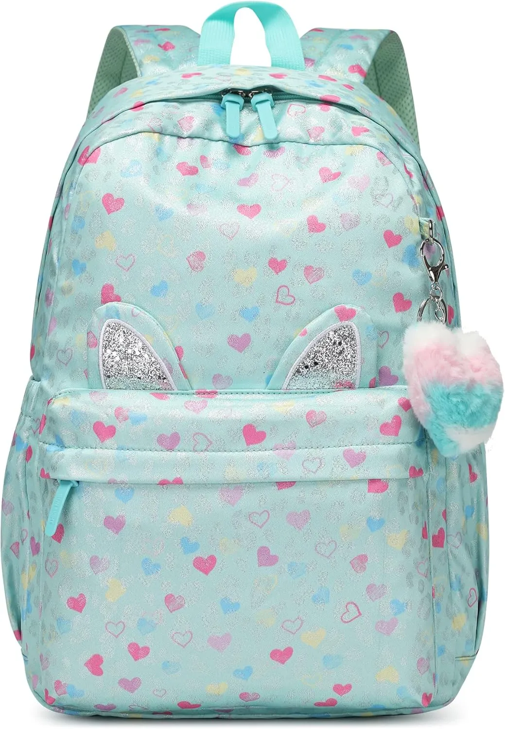 30L Pink Green Peach Heart Backpack for 6-18 Years Girls Waterproof School Bookbag with Cat Ears & Peach Heart Keychain,Large Capacity Lightweight Travel Backpack for Teens College