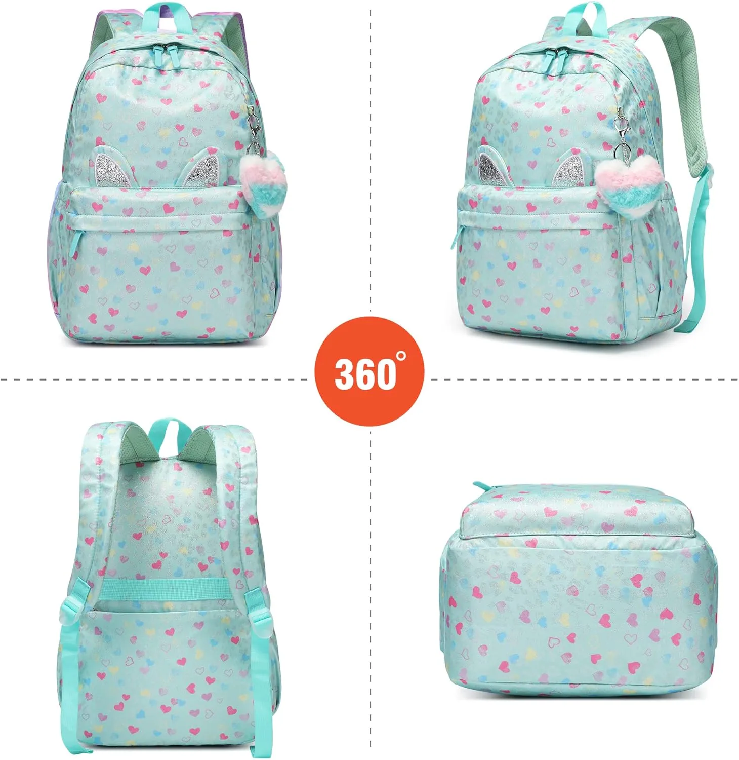 30L Pink Green Peach Heart Backpack for 6-18 Years Girls Waterproof School Bookbag with Cat Ears & Peach Heart Keychain,Large Capacity Lightweight Travel Backpack for Teens College